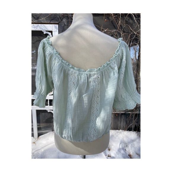 American Eagle Outfitters Mint Green Knit Crop Top Off Shoulder Balloon Sleeve S - Picture 5 of 12